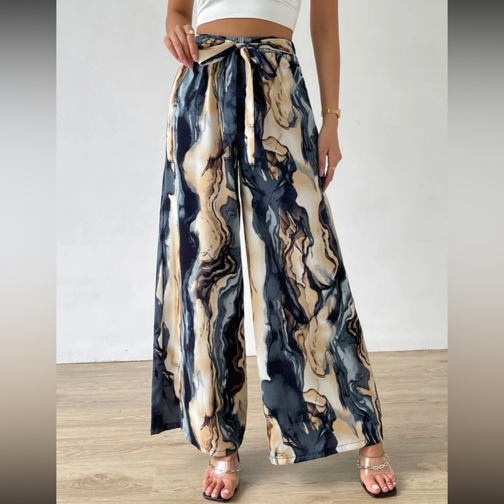 Boho marble print wide leg pants